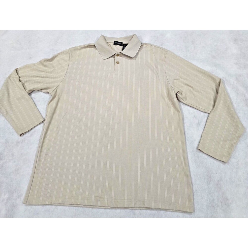 Claiborne Mens Polo Shirt L Beige Striped Long Sleeve Cotton Blend Knit